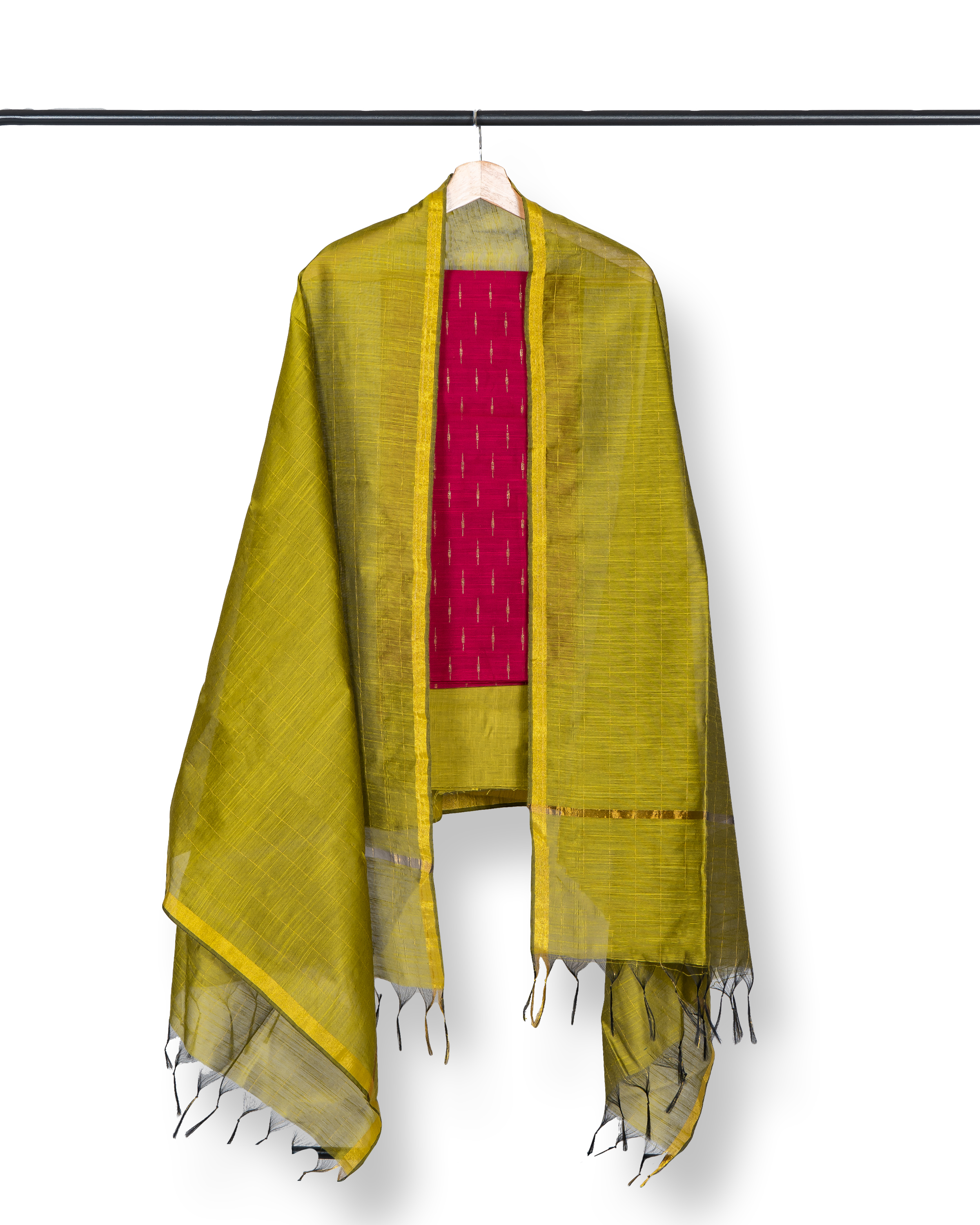 Raw Silk Dress Material -Pink Top & Parrot Green bottom