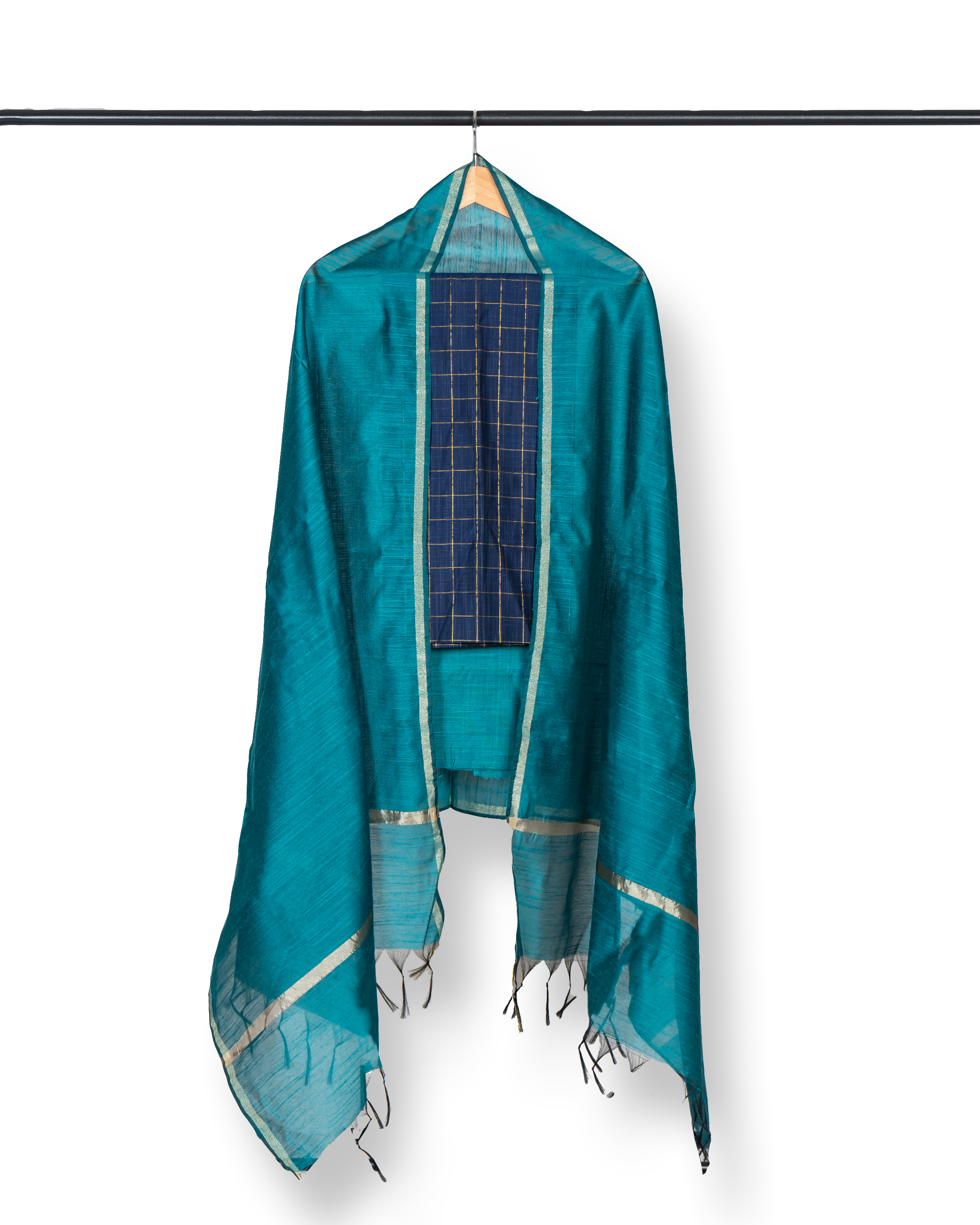 Raw Silk Dress Material-Dark Blue top Blue Bottom