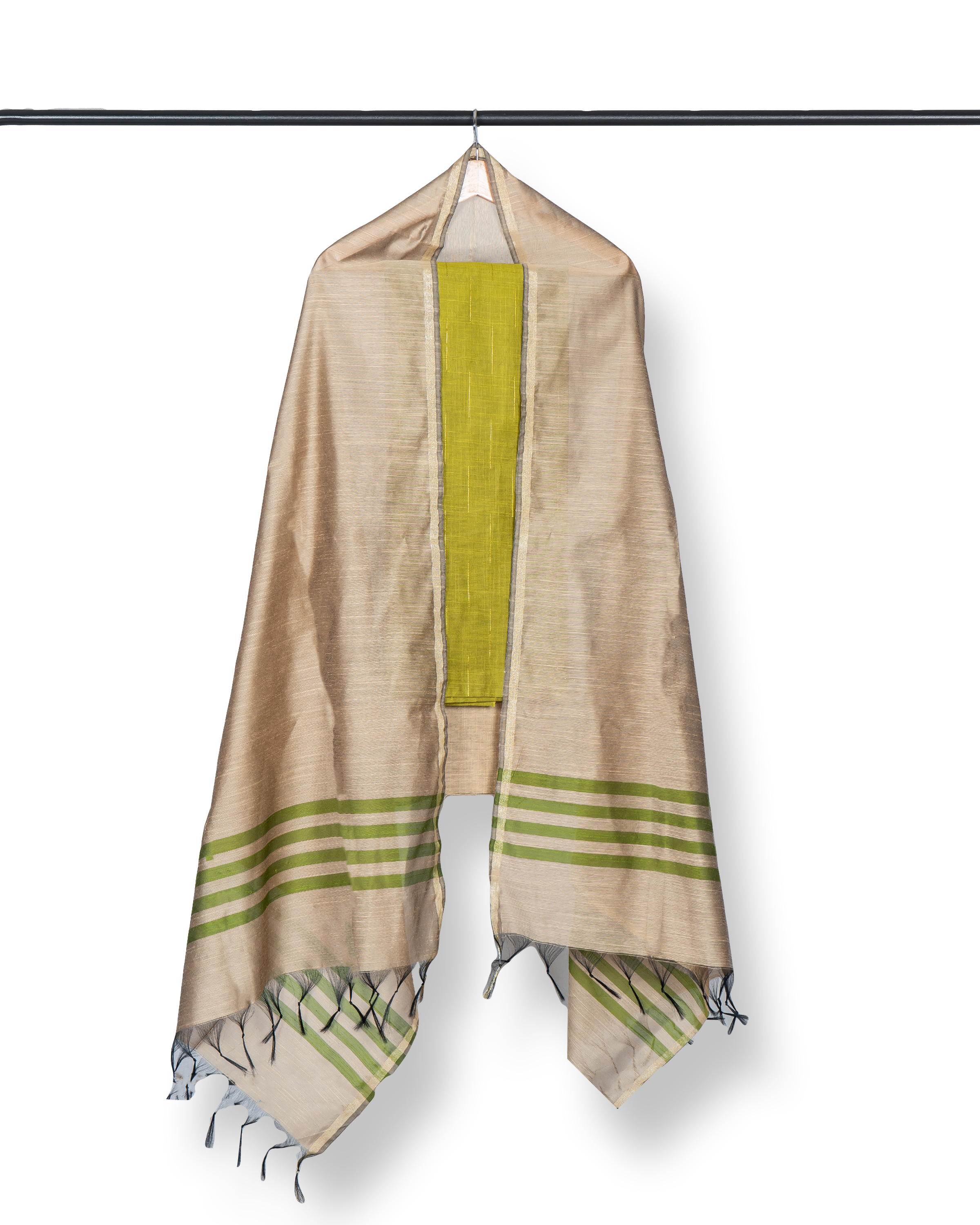 Raw Silk Dress Material -Zari Border | Parrot Green Ethnic Suit