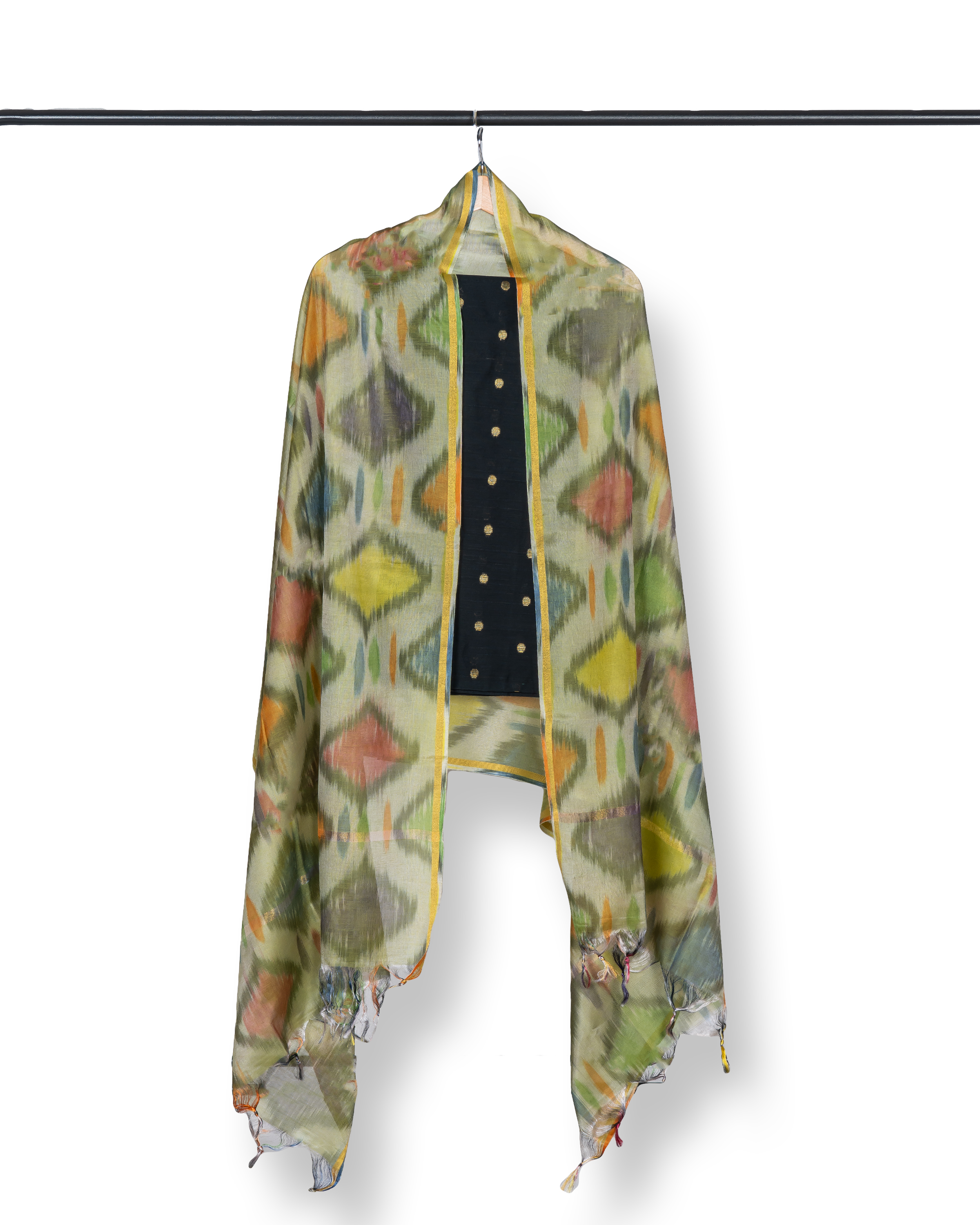 Cotton Silk Dress Material-Block Print with Zari Border-Green