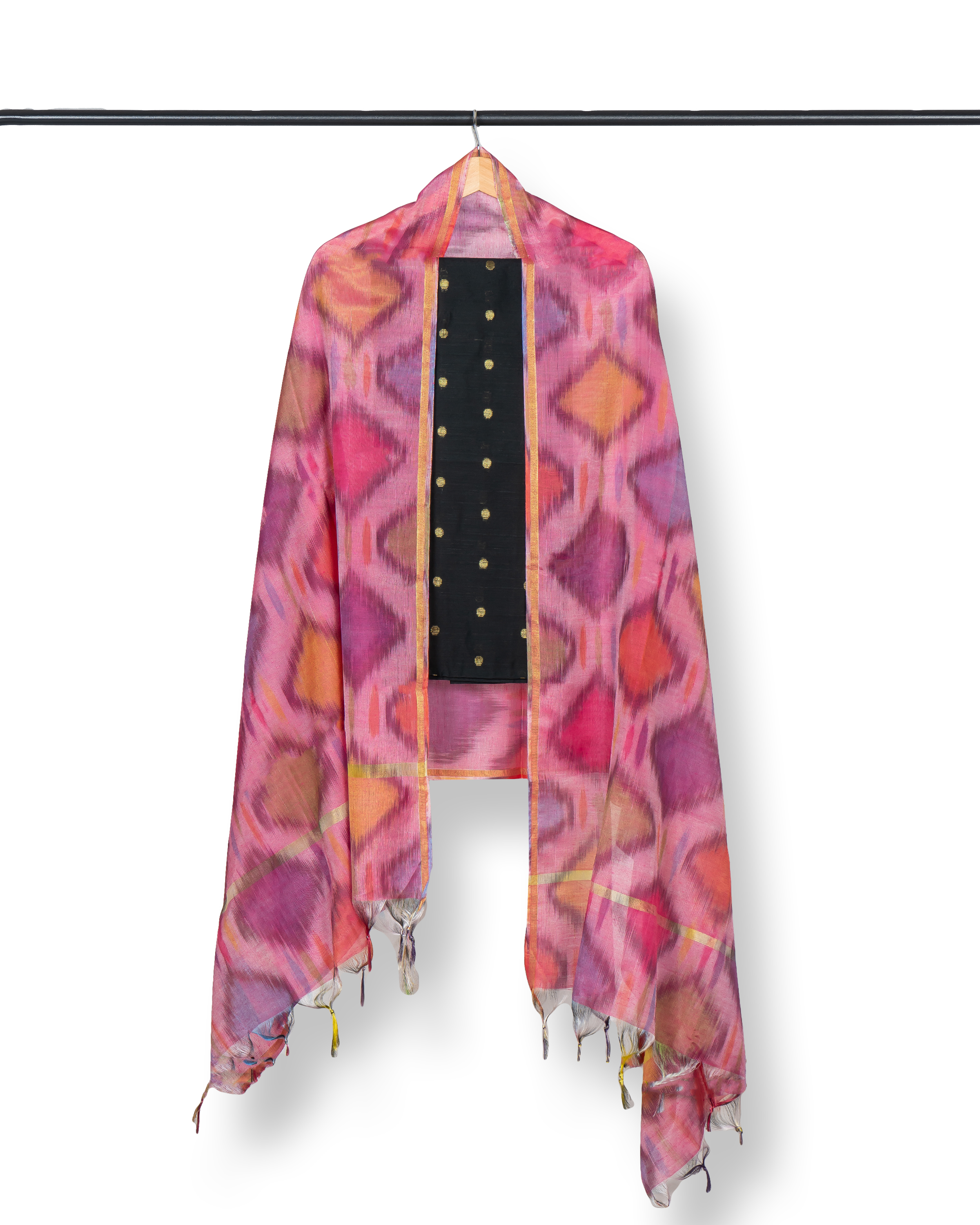 Cotton Silk Dress Material- Block Print with Zari Border-pink