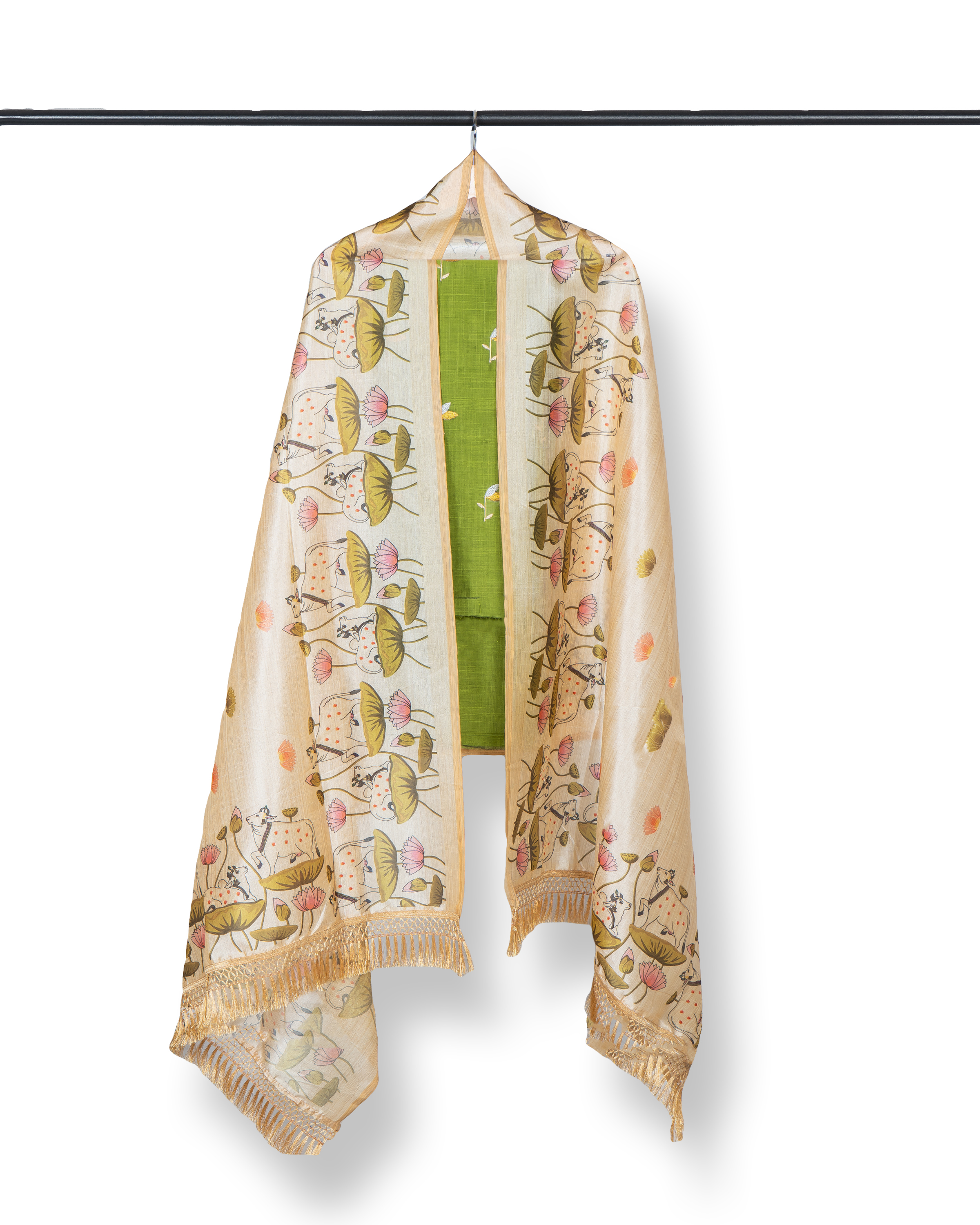 Raw Silk Dress Material-Parrort Green-Kalamkari Dupatta