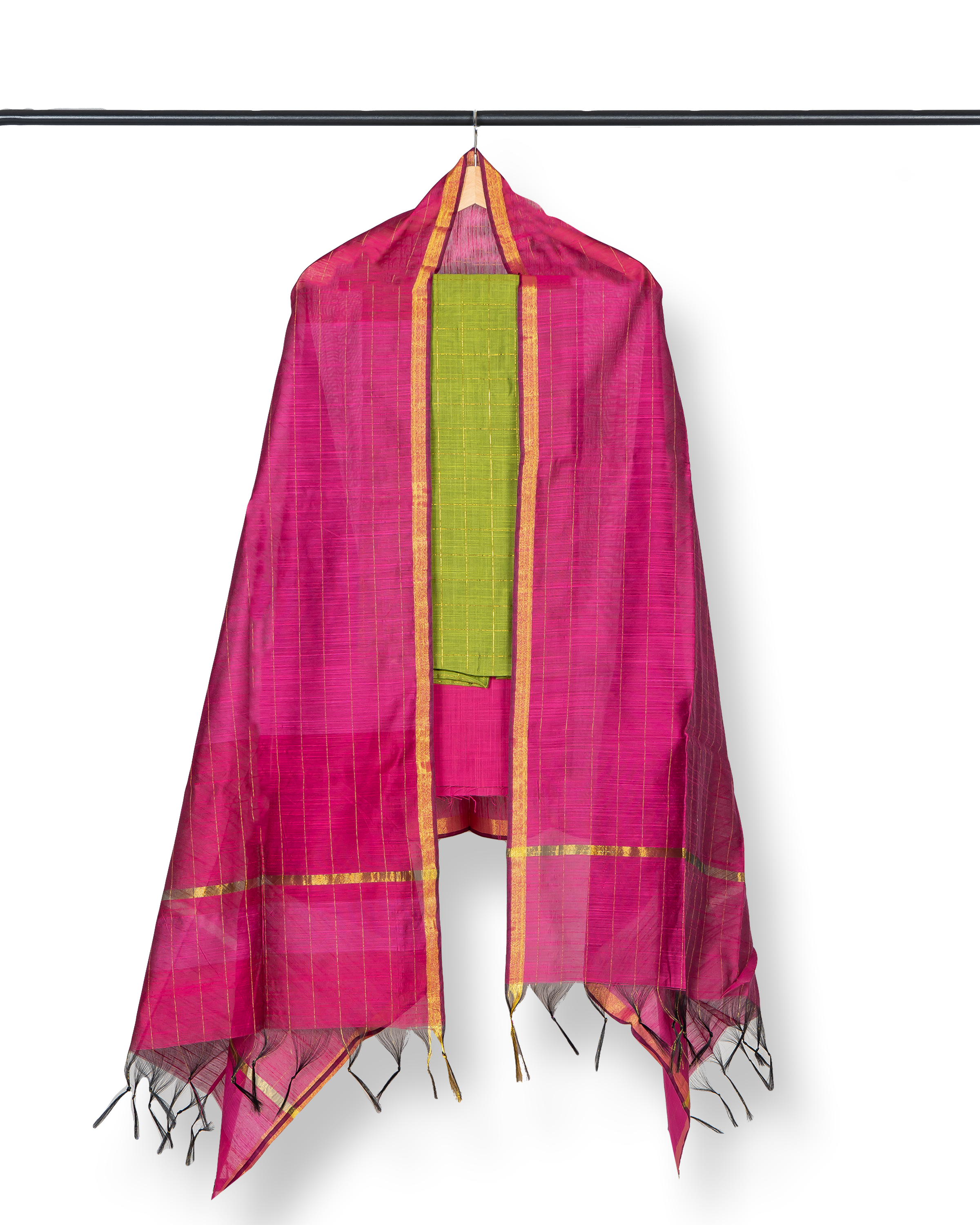 Raw Silk Dress Material -Parrot Green Top  Pink Bottom