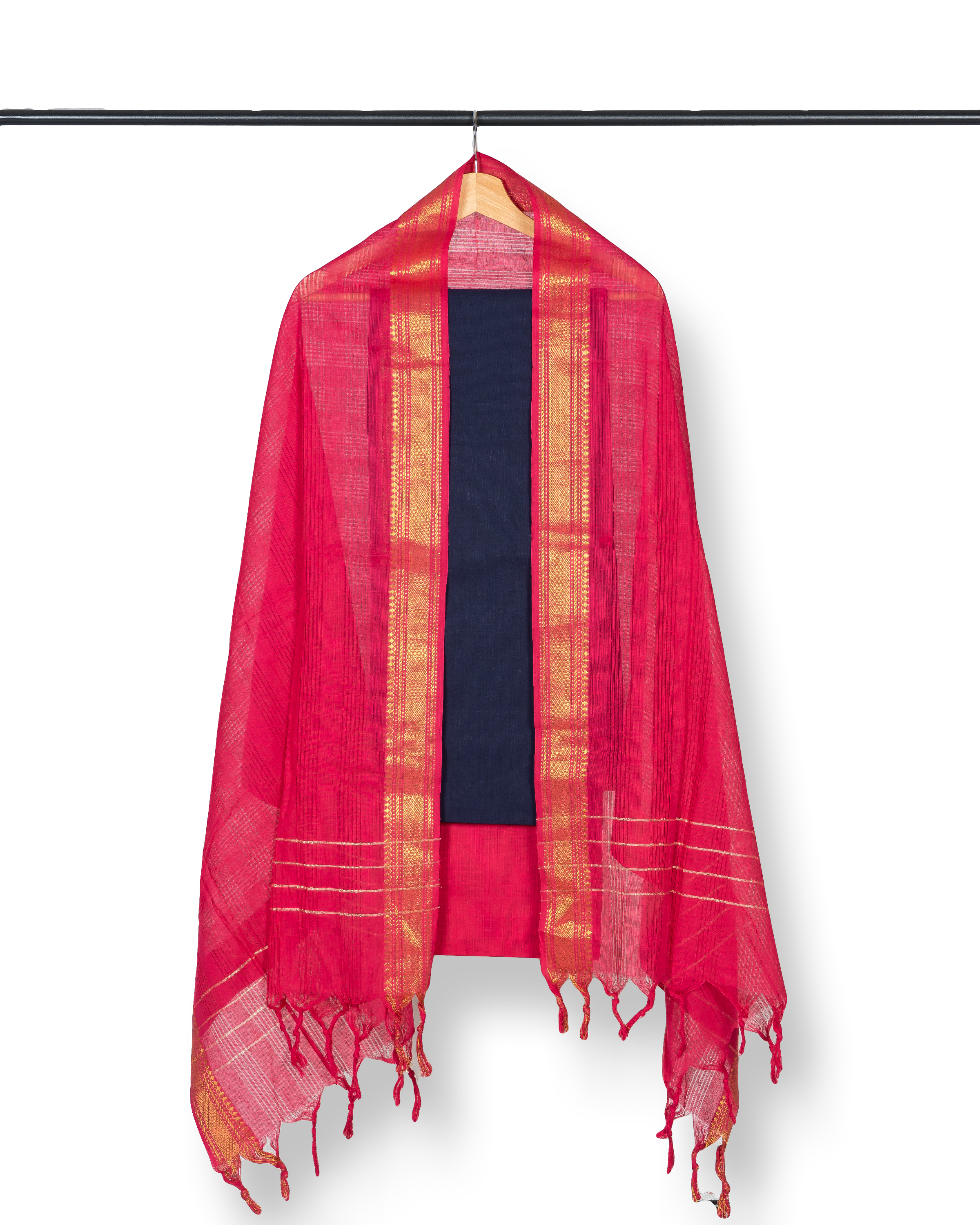 Mangalagiri Cotton Dress Material -Dark Blue-Pink