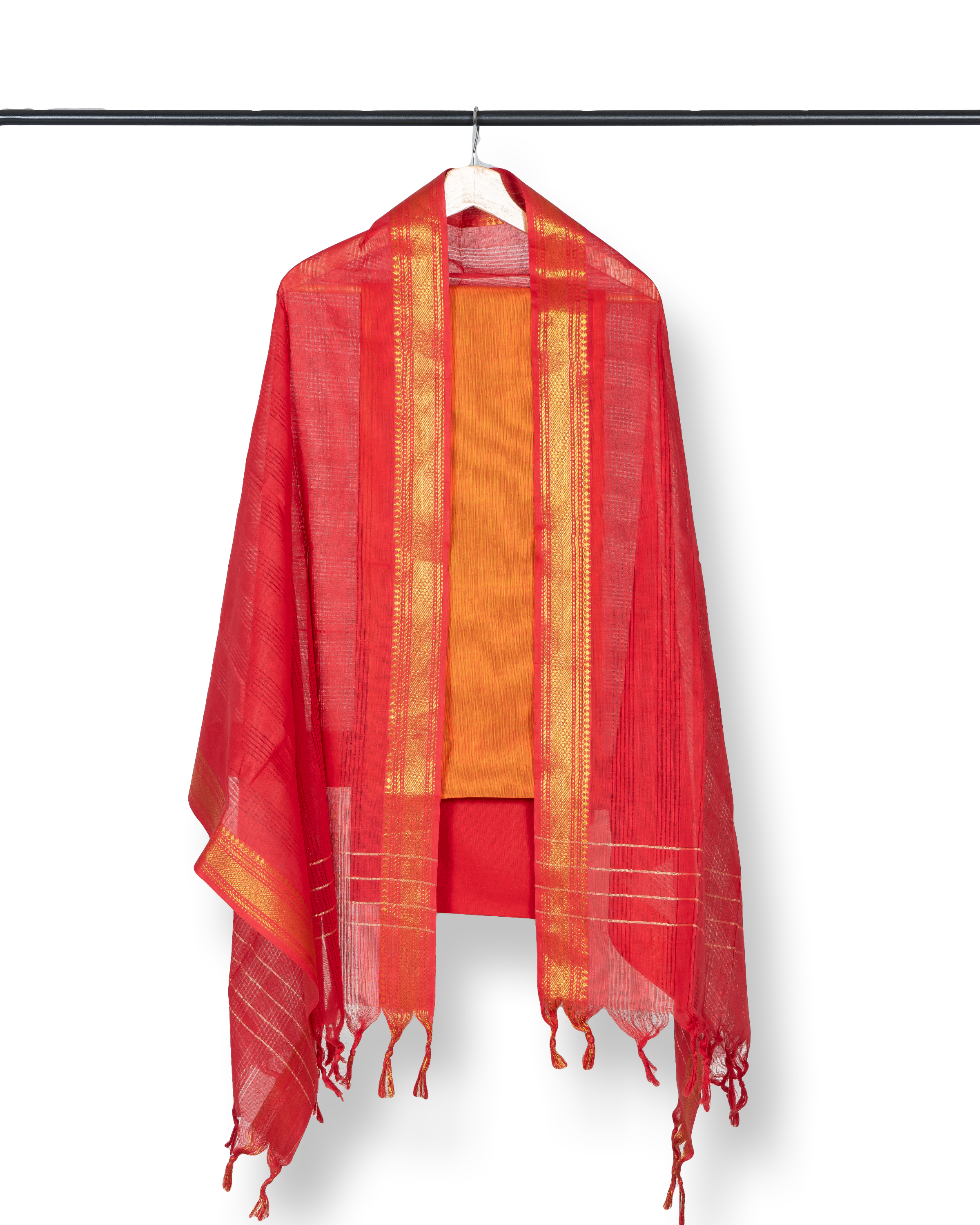 Mangalagiri Cotton Dress Material-Orange-Red