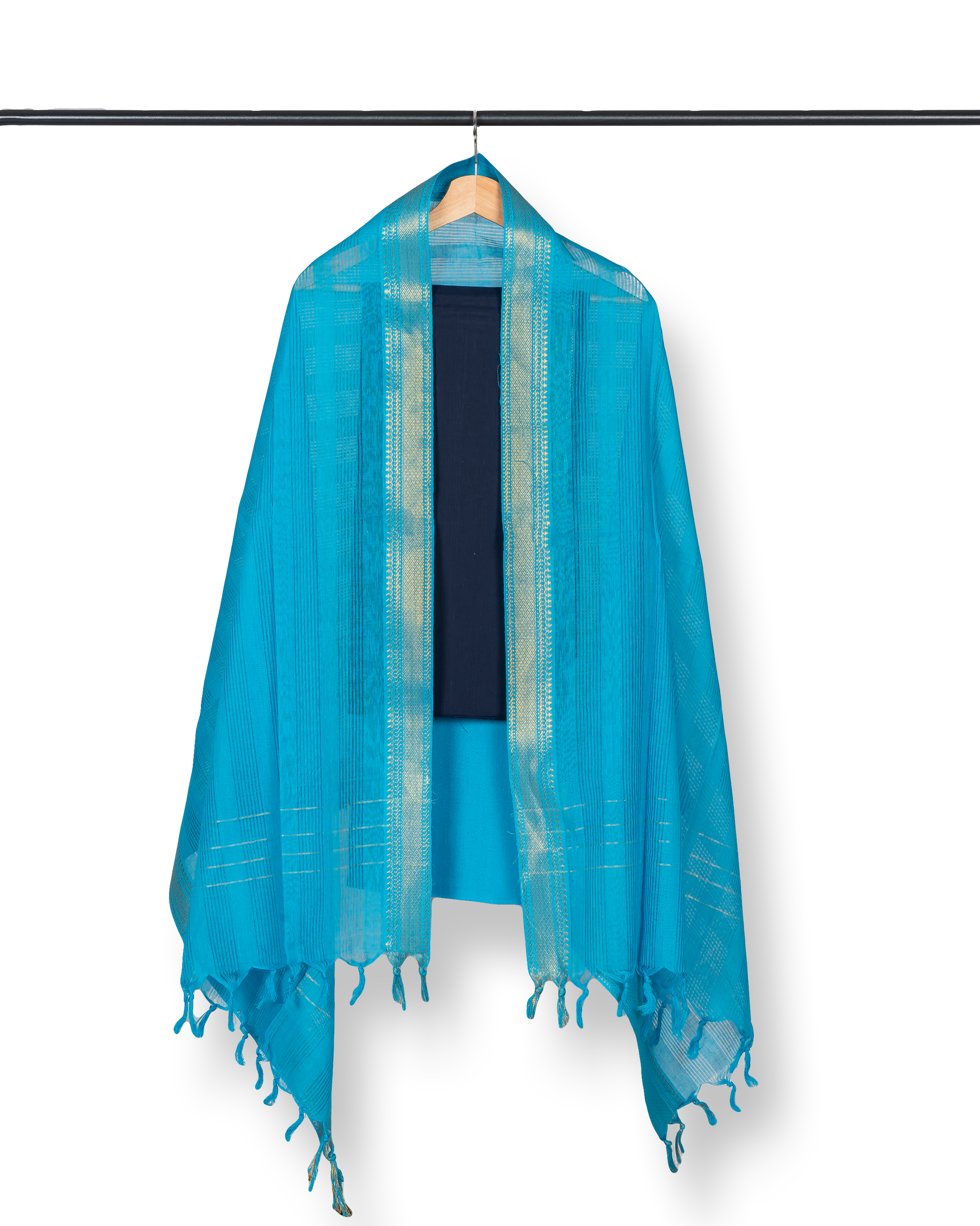 Mangalagiri Cotton Dress Material-Dark Blue-Sky Blue